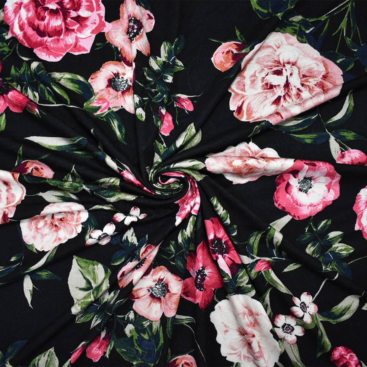 Black-Multi Rayon Stretch Spandex Floral Printed Jersey Knit Fabric By the Yard